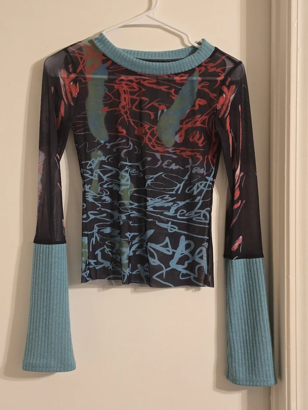 Y2K Vintage Sheer Slim Top Long Sleeve Round Neck Pattern Print Mesh Patchwork S - Picture 7 of 17